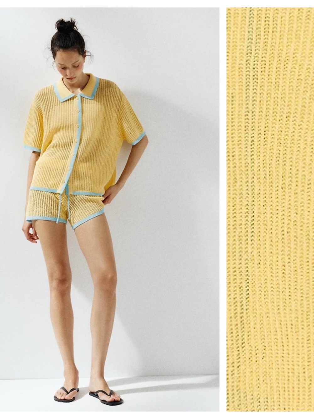 NWT. Zara Yellow Cotton Blend Polo Collar Short Sleeve Cardigan. Size S.